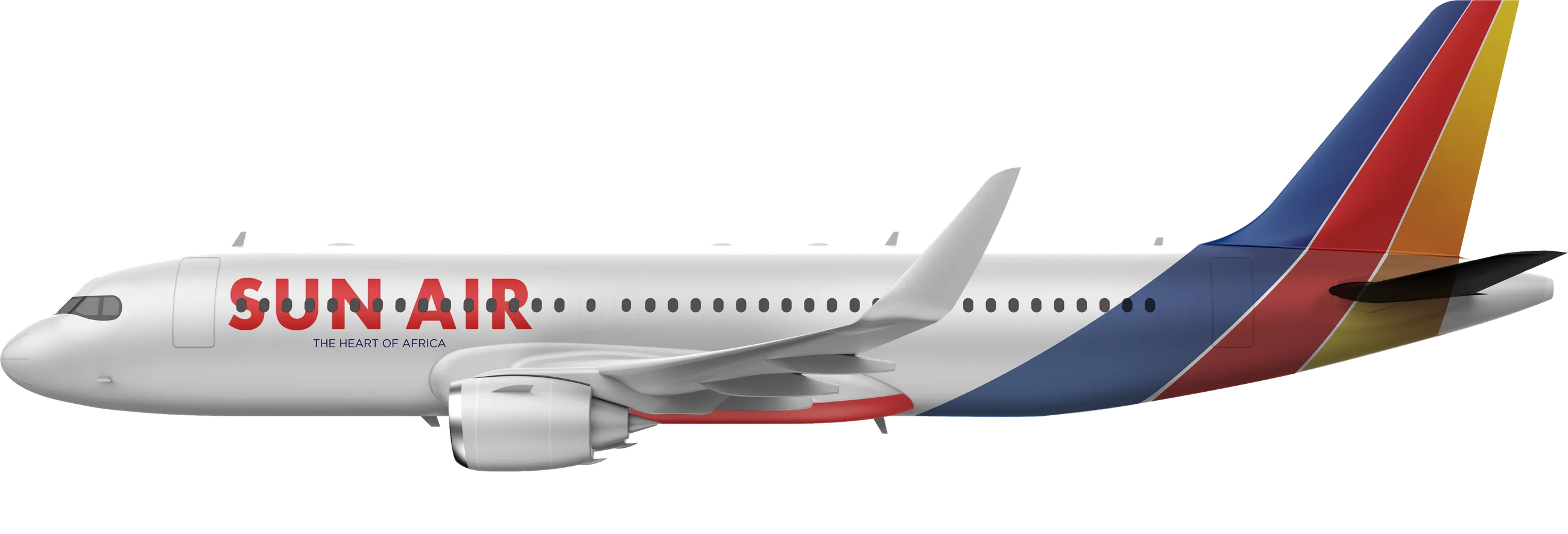 Aircraft in Sun Air livery, a white fuselage with the blue tail and the yellow, red and blue sweep
